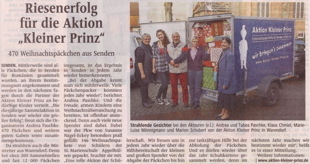 Riesenerfolg Päckchenaktion Kleiner Prinz, Dez. 2014